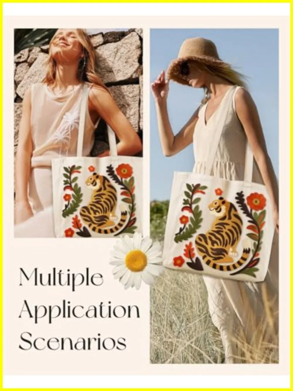 Linen Canvas Embroidery Tote Bag with Pocket, Reusable Shopping & Travel Bag